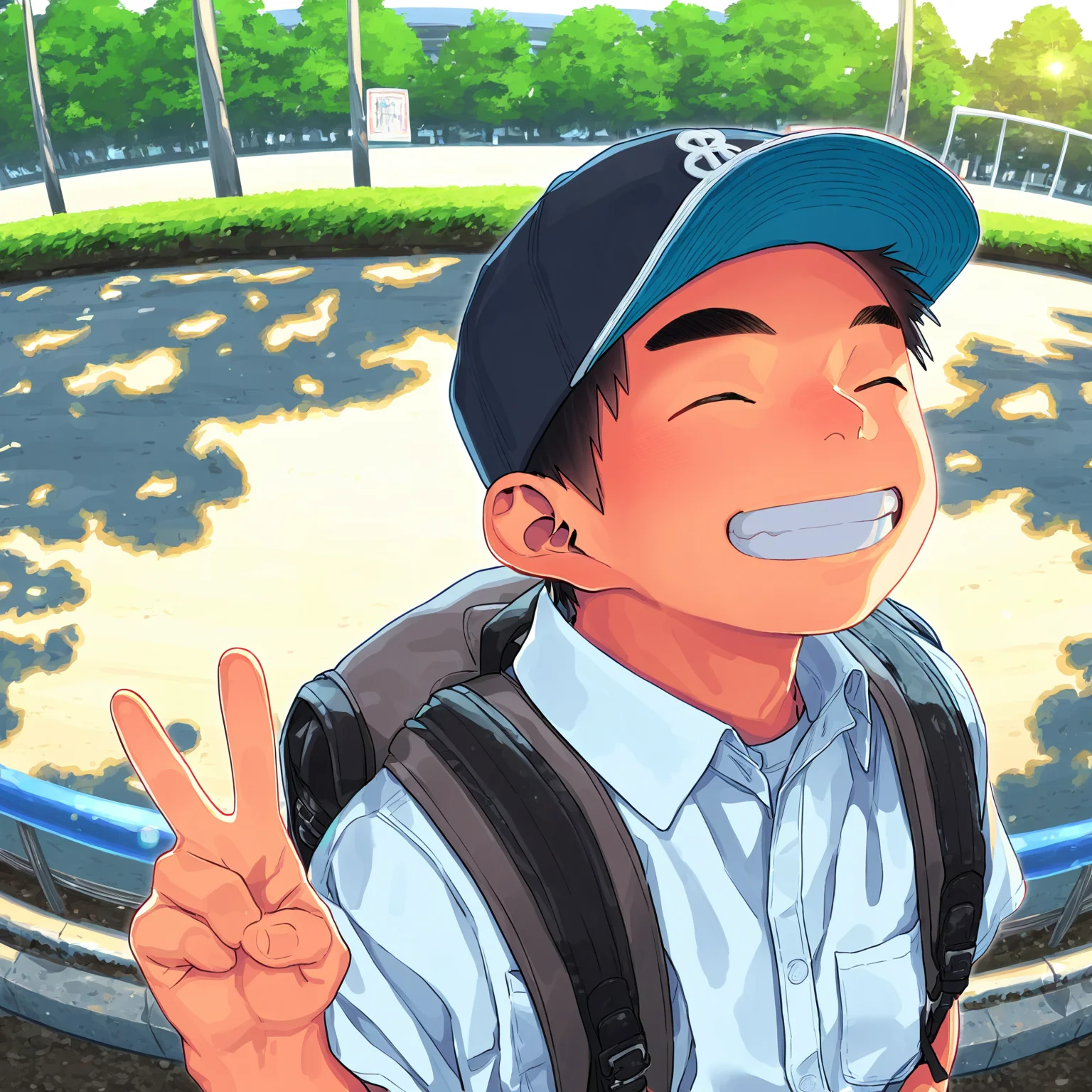 best quality, shounenzoom-style, 2015s, outdoors, sunlight, fisheye, upper body, 1boy, solo, closed eyes, smile, baseball cap, white shirt, backpack, peace sign <lora:shounen_zoom-naixl-v7Nc-ShoAI:1>