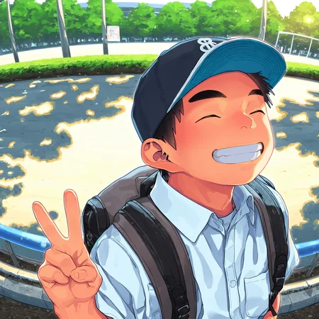 best quality, shounenzoom-style, 2015s, outdoors, sunlight, fisheye, upper body, 1boy, solo, closed eyes, smile, baseball cap, white shirt, backpack, peace sign <lora:shounen_zoom-naixl-v7Nc-ShoAI:1>