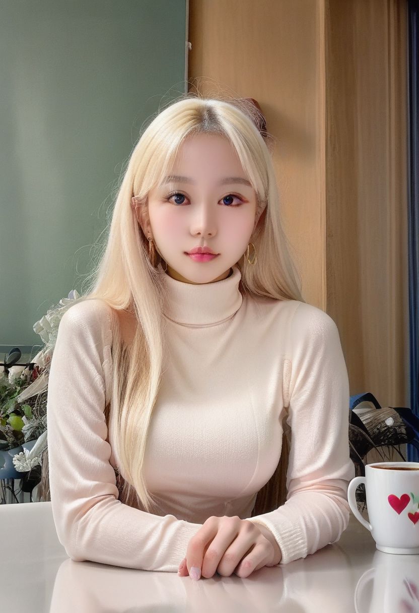 score_9, score_8_up, score_8, medium breasts, (curvy), realistic,   zzGirl, blonde hair, long hair, looking at viewer,    turtleneck sweater, earrings, library, cup of coffee, sitting at table, 
SkinHairDetail, EyeDetail