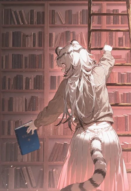 hannah, kemono, furry,
<break>
p4rsley-f_illu, re4lity_sync_illu, (masterpiece, best quality), safe, amazing quality, very aesthetic, absurdres, highres, newest, HDR, 8K, high detail RAW color art, (rella, konya karasue:1.25), photo background, pink lighting, volumetric lighting, light particles, dust, colorful,
<break>
(chubby:0.7), white fur, white hair, striped hair, long hair, floating hair, black cropped sweater, <break>, long tan pleated skirt, bushy tail, back, looking down, profile view, surprised, leaning to side, climbing ladder, reaching towards book
<break>
home interior, giant bookshelf wall, too many books, colorful books, falling blue book titled "KELINA", motion blur, straight-on,
<lora:Hannah_Mahjong_Soul_Illustrious_v02:0.85> <lora:Parsley-f Style LoRa v1.0:0.9> <lora:re4lity:0.5>