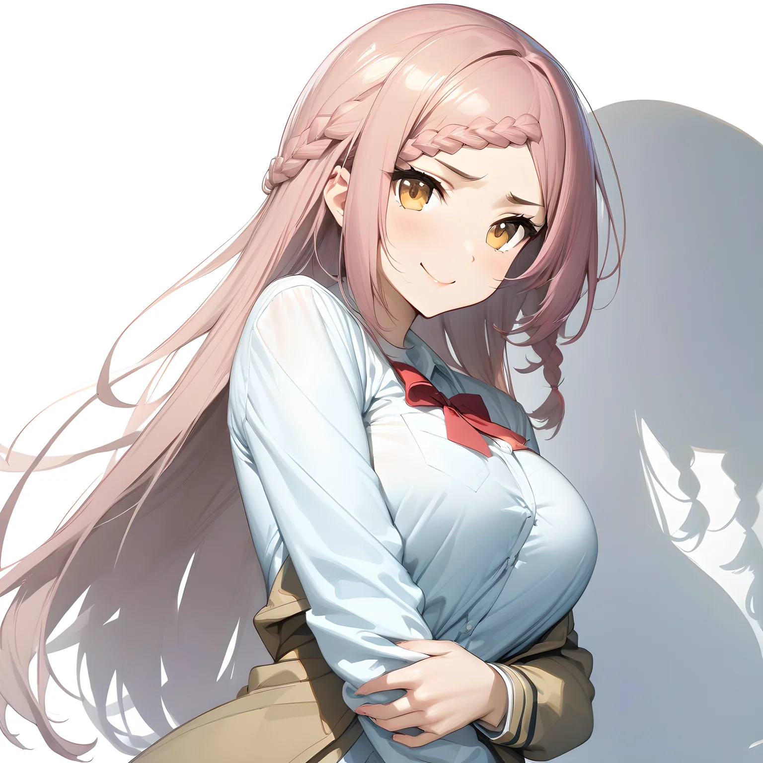 (masterpiece),(best quality),(ultra-detailed),(best illustration),(best shadow),(absurdres),(detailed background),(very aesthetic), yoshida_kochou, 1girl, braid, solo, breasts, long hair, large breasts, pink hair, smile, jacket, school uniform, white background, upper body, simple background, looking at viewer, shirt, white shirt standing, hands on waist, looking at viewer, smug face, large breasts, <lora:XL-YoshidaKochou:1>