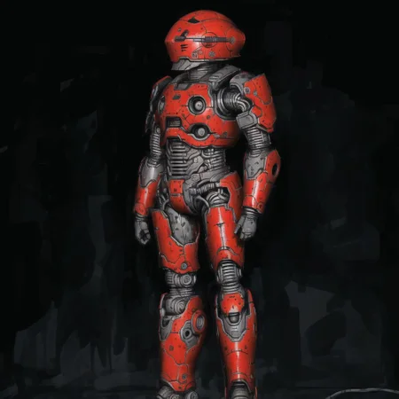 <lora:arielp:1.0>,
(arielpstyle:1.0), dark, horror, creepy, creepy-looking, painting, lovecraftian, grease, painting \(medium\), drawing, brush stroke,
red robot standing in a dark room with a black background and a black background behind it, with a black background and a black background with a red robot, armor, solo, science fiction, realistic, helmet, glowing