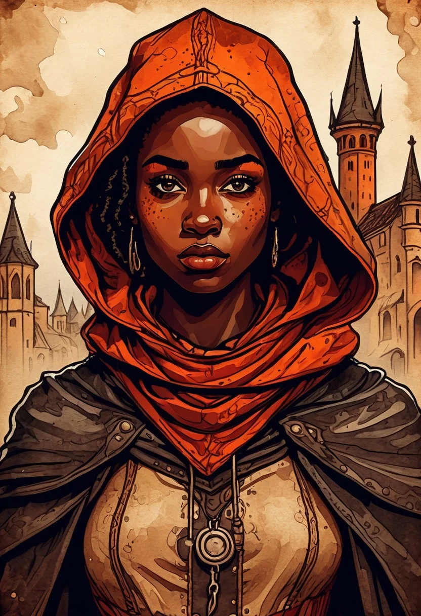 (Ink illustration on parchment). coal skies painted in vibrant shades of red and orange, a lone young woman ina massive medieval city, fantasy rogue outfit, lickers of magical energy, Ink splashes, rough ink sketch, moody, gloomy, high contrast, stylized, dark skin, close up on face, leather medieval top with lowered hood, Art Nouveau Style, face portrait close up, African girl with intense expression, freckles