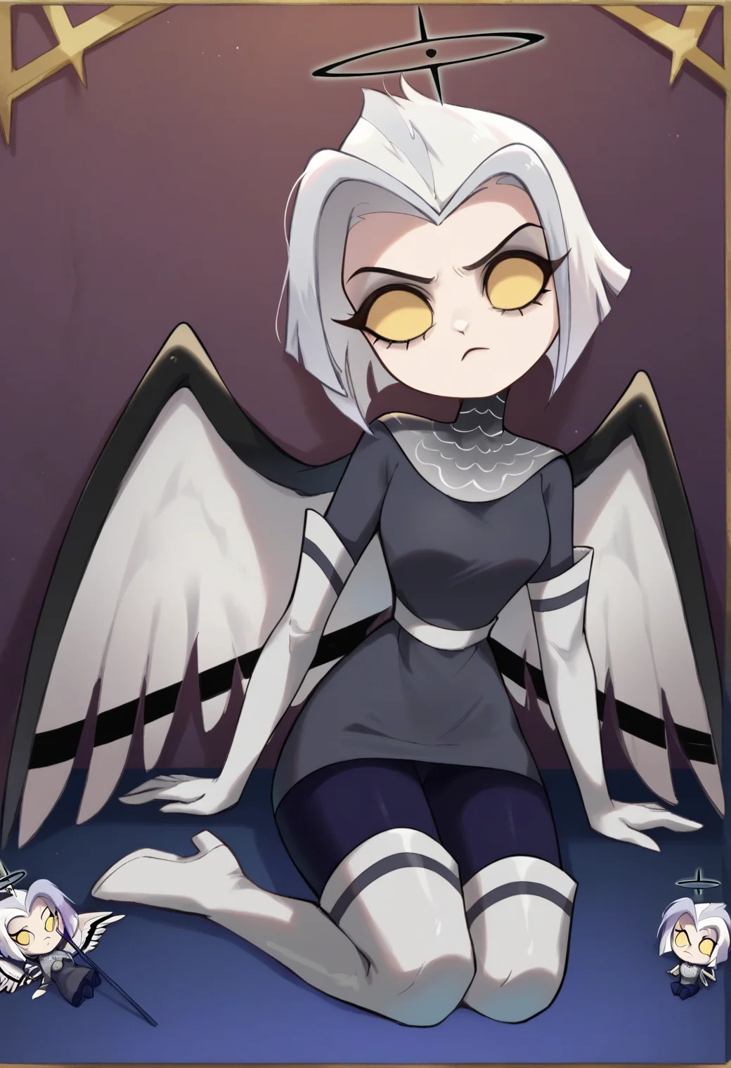 1girl, <lora:lute_hazbin_hotel_ponyxl_v1:0.9>, lute, doll, chibi, sitting, blue floor, head tilt, empty eyes, yellow sclera, frown, sad, purple wall, polearm, solo, wings, elbow gloves, grey dress, white sash, purple pantyhose, thigh boots, black halo, chainmail collar,
BREAK
score_9, score_8_up, score_7_up, masterpiece, best quality