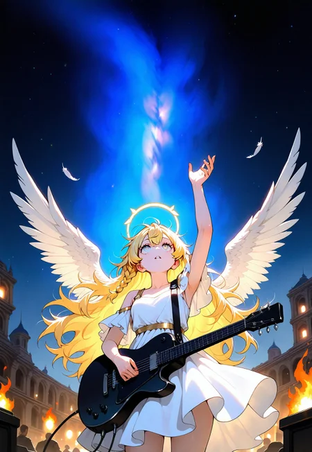 masterpiece, best quality, good quality, very aesthetic, absurdres, newest, 1girl, solo, long hair, yellow hair, dress, holding, braid, angel, wings, halo, sky, white dress, arm up, night, detailed stars, nebula, feathered wings, instrument, starry sky, angel wings, white wings, music, guitar, holding instrument, electric guitar, looking up, head back,
Messy hair, crazy hair, fire, flames, heat haze, Low Angle, Dutch Angle,
The overall scene should have a warm and bright atmosphere, with the main tone being light orange.
City Lights Lighting