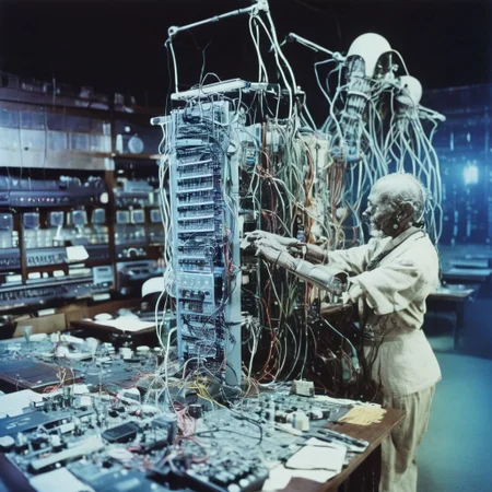 a cinematic still color photograph, from the dream of an android-human-replica, who working tirelessly ,creates a machine that makes copies of human dreams, bio-computer configured with biologically plausible biogenic circuits, brazilian tropicalia retrofuturism,
cursed image, thinking plague