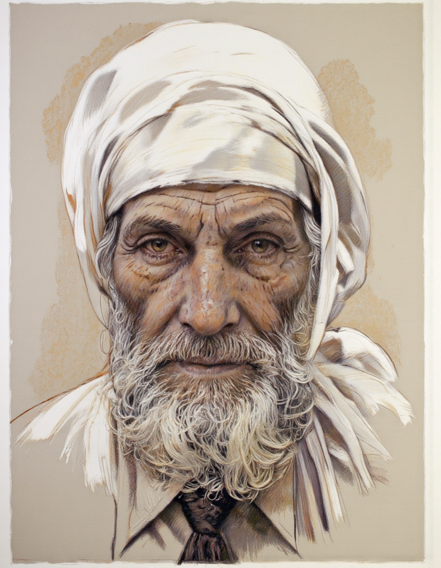 Art by Thomas Haller Buchanan. A realistic pencil drawing from a portrait camera angle about an elderly man with a wrinkled face and a long white beard, wearing a white headscarf and a dark necktie. the subject, an elderly woman, is positioned in the middle of the image, looking directly at the viewer with a serious expression. she appears to be around 60 years old, with light skin and long, wavy white hair. her eyes are brown and are looking slightly to the side, with a hint of a smile on her lips. her facial features are detailed and wrinkled, giving her an aged and weathered appearance. she is wearing a light-colored shirt and a black necktie, adding to her overall appearance. the background is a plain, light beige color, which helps to focus attention on the subject. the drawing is done in a realistic style, with careful attention to detail in the shading and texture of the facial features.