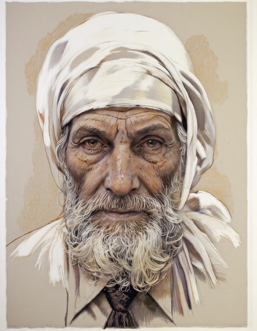 Art by Thomas Haller Buchanan. A realistic pencil drawing from a portrait camera angle about an elderly man with a wrinkled face and a long white beard, wearing a white headscarf and a dark necktie. the subject, an elderly woman, is positioned in the middle of the image, looking directly at the viewer with a serious expression. she appears to be around 60 years old, with light skin and long, wavy white hair. her eyes are brown and are looking slightly to the side, with a hint of a smile on her lips. her facial features are detailed and wrinkled, giving her an aged and weathered appearance. she is wearing a light-colored shirt and a black necktie, adding to her overall appearance. the background is a plain, light beige color, which helps to focus attention on the subject. the drawing is done in a realistic style, with careful attention to detail in the shading and texture of the facial features.