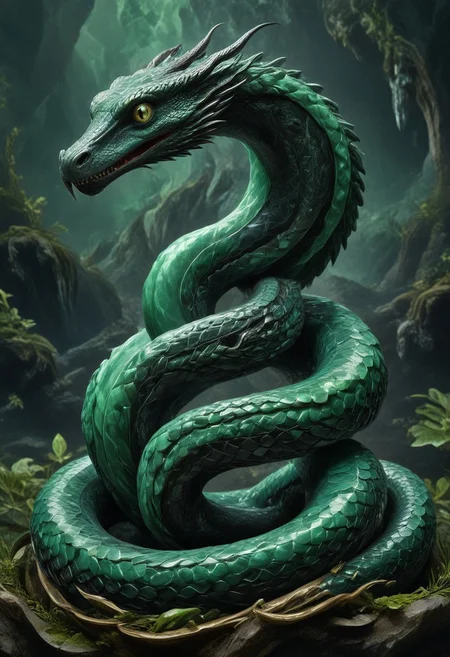 made from jade and obsidian, jade, obsidian,score_9, score_8_up, score_7_up, expensive looking,harry potter, chamber of secrets, basilisk, giant snake