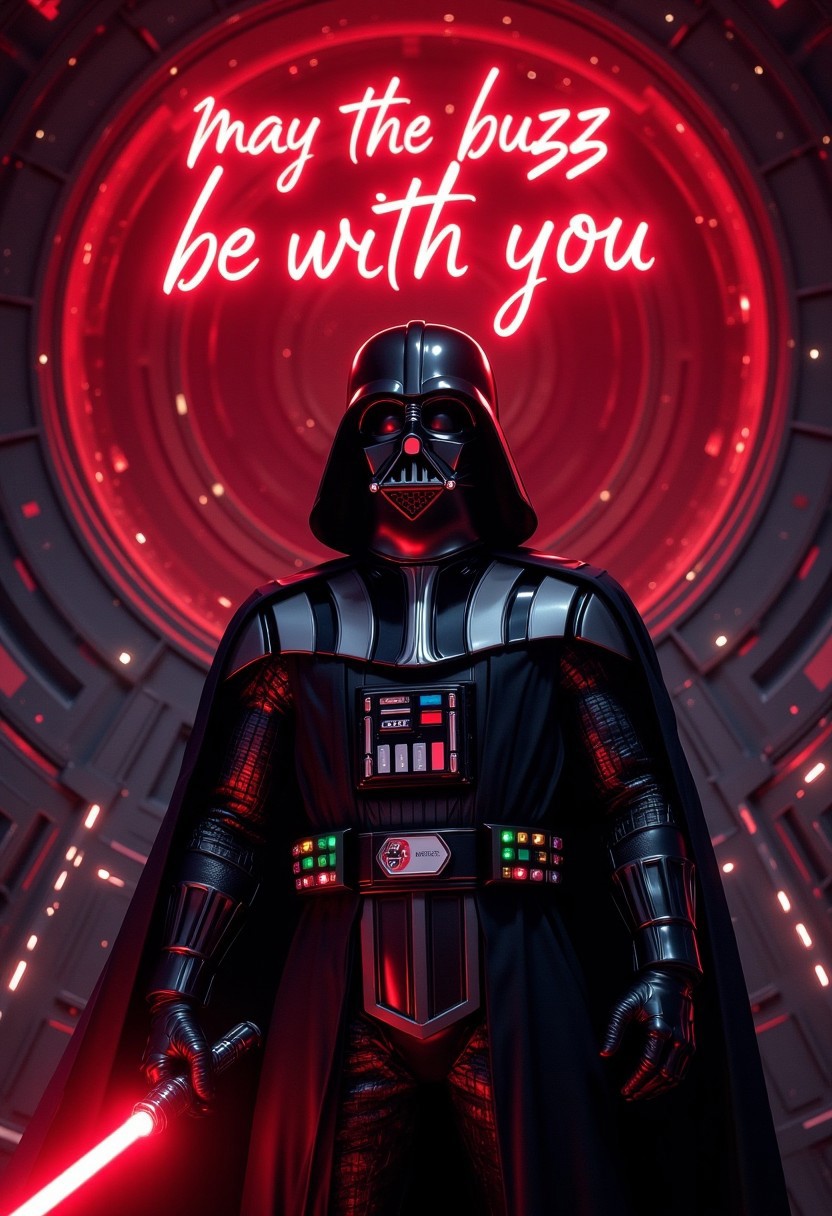 masterpiece, an image of darth vader from star wars, inside the death star holding a red lightsaber. Above Darth Vader, there is a red neon banner that says 'May the Buzz be with you'