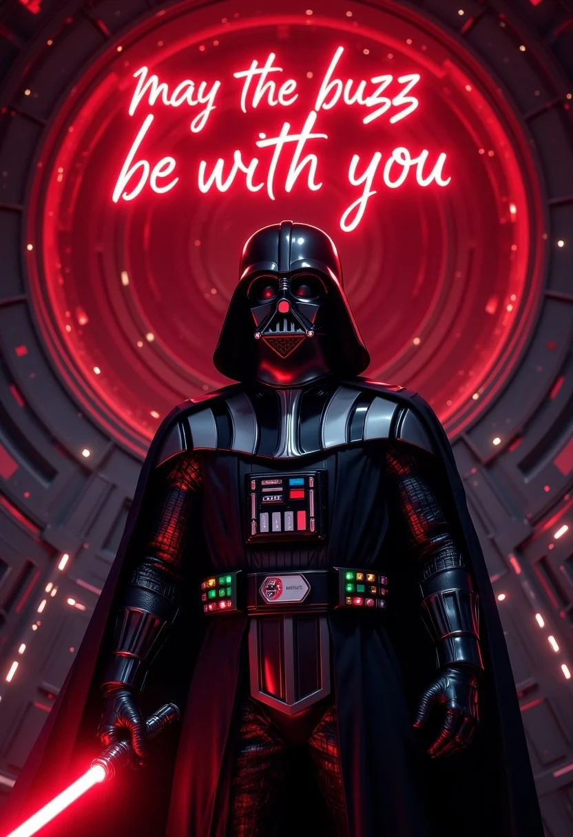 masterpiece, an image of darth vader from star wars, inside the death star holding a red lightsaber. Above Darth Vader, there is a red neon banner that says 'May the Buzz be with you'