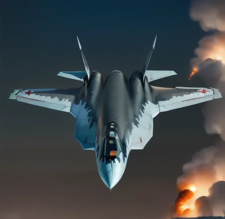 analog gloomy aerial photo of a (Su-57 Felon plane, <lora:SUKHOI-57:0.88>), (from behind), ((nighttime)), (flying low through a city on fire), (explosions in the background), (tracer gunfire), High Detail, Sharp focus, (photorealism), realistic, best quality, 8k, award winning, dramatic lighting, epic, cinematic, masterpiece, rim light, (action movie), war, depth of field, dutch angle, motion blur
