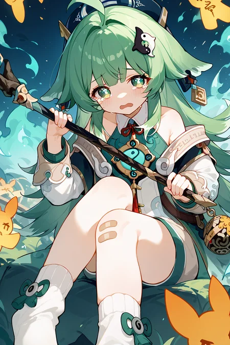 (score_9,score_8_up,score_7_up),<lora:HuoHuo(Honkai Star Rail)-v1-000008:1>,HuoHuo(Honkai: Star Rail),1girl,green hair,green eyes,solo,open mouth,holding,long hair,tears,looking at viewer,hair ornament,bandaid,crying,staff,bandaid on leg,bangs,bandaid on knee,good feet,sitting,holding staff,crying with eyes open,dress,bare shoulders,ahoge,socks,long sleeves,
anime,NSFW,expressive,amazing quality,ultra hd 32k,