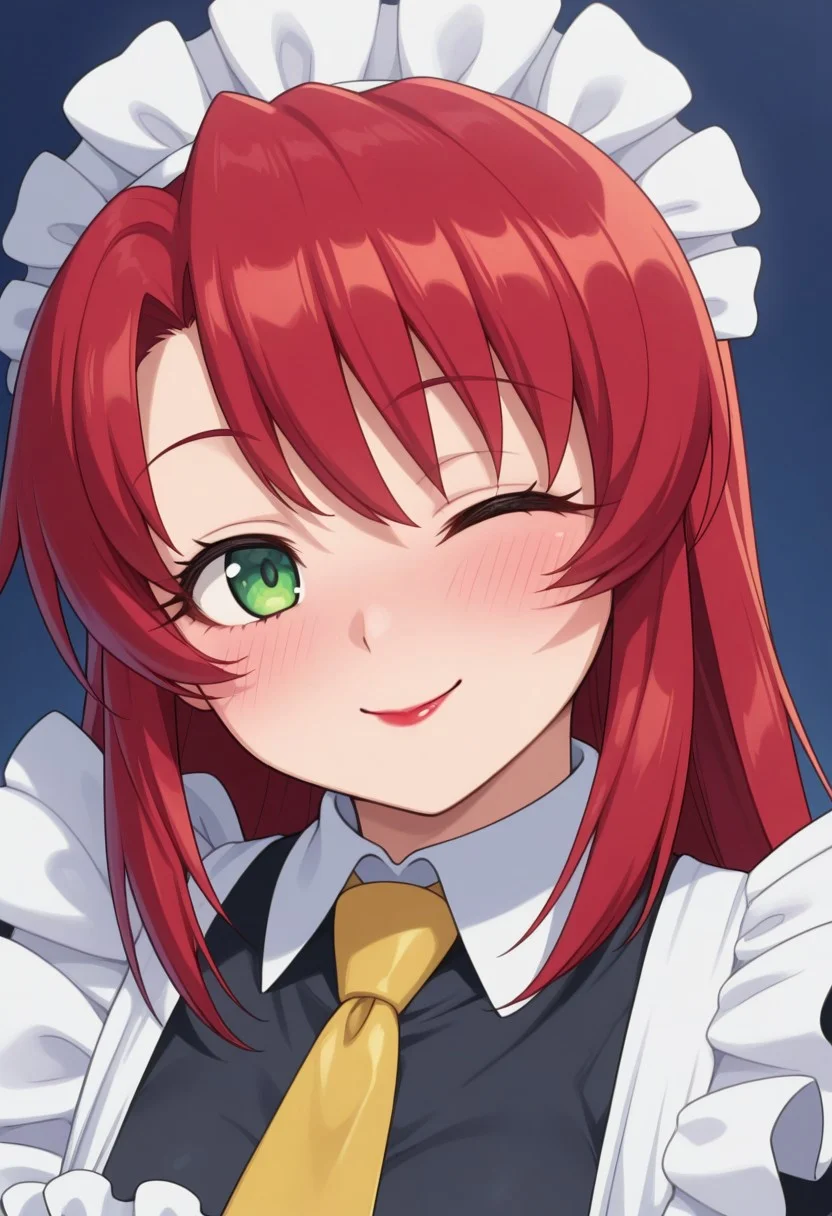 1girl,solo,cute,
Yuu Mikihara red hair, long hair, green eyes, red lipstick
maid, maid apron, maid headdress,yellow necktie
wink, winking, flirty, seductive, one_eye_closed, blushing, smile, playful_smile, looking_at_viewer, head_tilt, charming, cute
looking at viewer,portrait
Simple blue background,two-tone,background,(soft focus:1.3),
masterpiece, amazing quality, best quality, ultra-detailed, 8K, illustration, CG, shiny hair, clear skin, ultra-detailed-eyes, eyelashes, highly detailed,