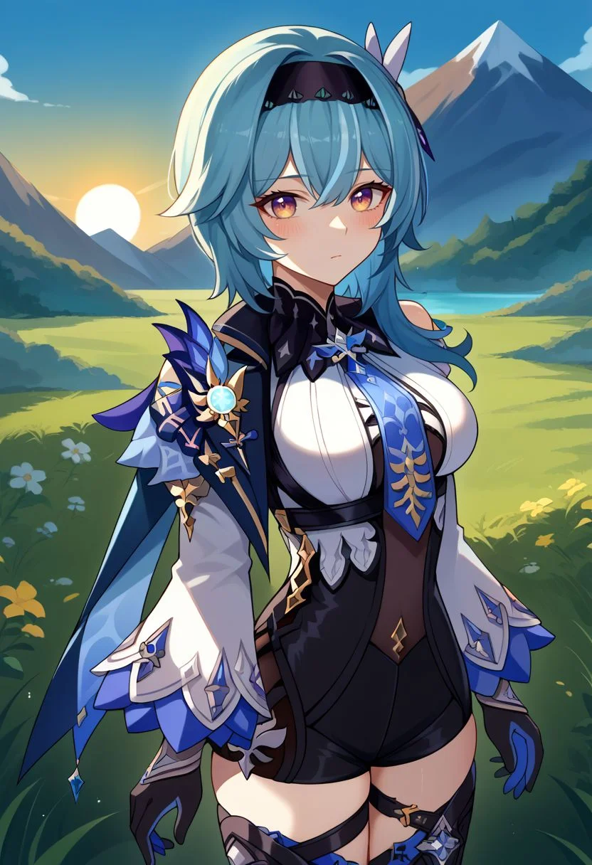 score_9, score_8_up, score_7_up, source_anime, 1girl, euladef, yellow eyes, purple eyes, multicolored eyes, blue hair, medium hair, hair between eyes, sidelocks, black hairband, hair ornament, medium breasts, blue cape, white shirt, black leotard, blue necktie, shoulder cutout, vision \(genshin impact\), puffy long sleeves, wide sleeves, black gloves, blue gloves, clothing cutout, high-waist shorts, thigh strap, black thighhighs, thigh boots, standing, expressionless, arms at sides, blush, looking at viewer, outdoors, grass, mountain in the background, sun, facing viewer, upper body, <lora:Eula_v1-000010:1>