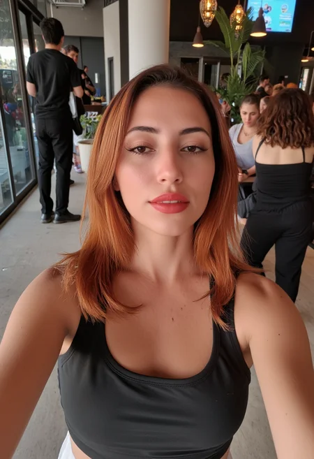 Amateur selfie of a young eduarda_rocha woman with Red hair, natural lighting. She's standing in A trendy café with modern decor and people chatting over coffee. Her makeup is striking, featuring black winged eyeliner that extends past the outer corner of her eyes. She wears a minimalist athleisure set, a matching crop top and joggers, ready for a yoga session. detailmaximizer, <lora:amateurphoto-v3.5-000052:0.8>, <lora:Eduarda_Lavínia_Rocha.safetensors:1>