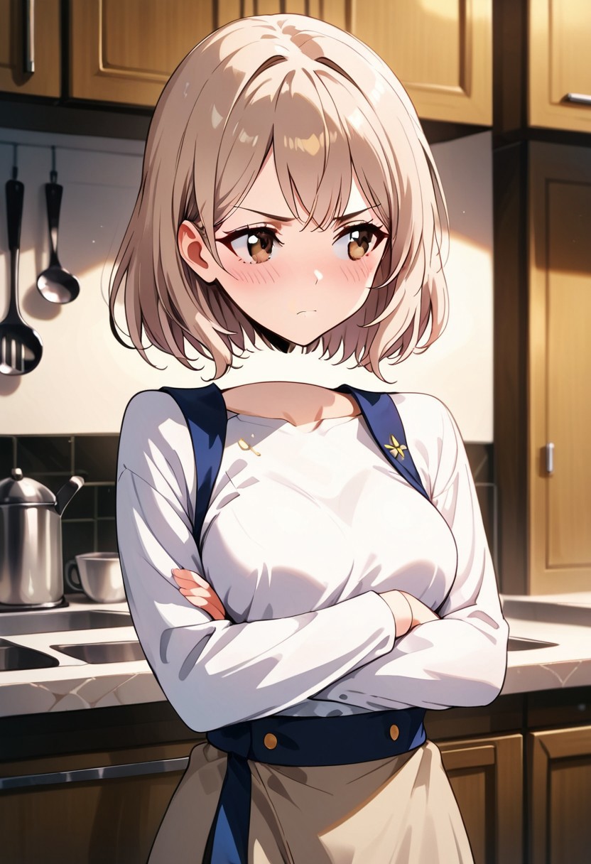 score_9, score_8_up, score_7_up, BREAK
,saatomi, 1girl,brown eyes, beige hair, medium hair,medium breasts,chief uniform,pouting,looking away,crossed hands,blush,kitchen,
disembodied_head_smooth_shoulder
