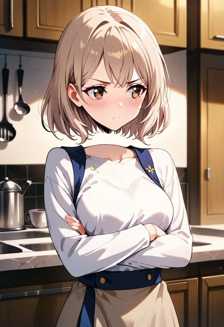 score_9, score_8_up, score_7_up, BREAK
,saatomi, 1girl,brown eyes, beige hair, medium hair,medium breasts,chief uniform,pouting,looking away,crossed hands,blush,kitchen,
disembodied_head_smooth_shoulder