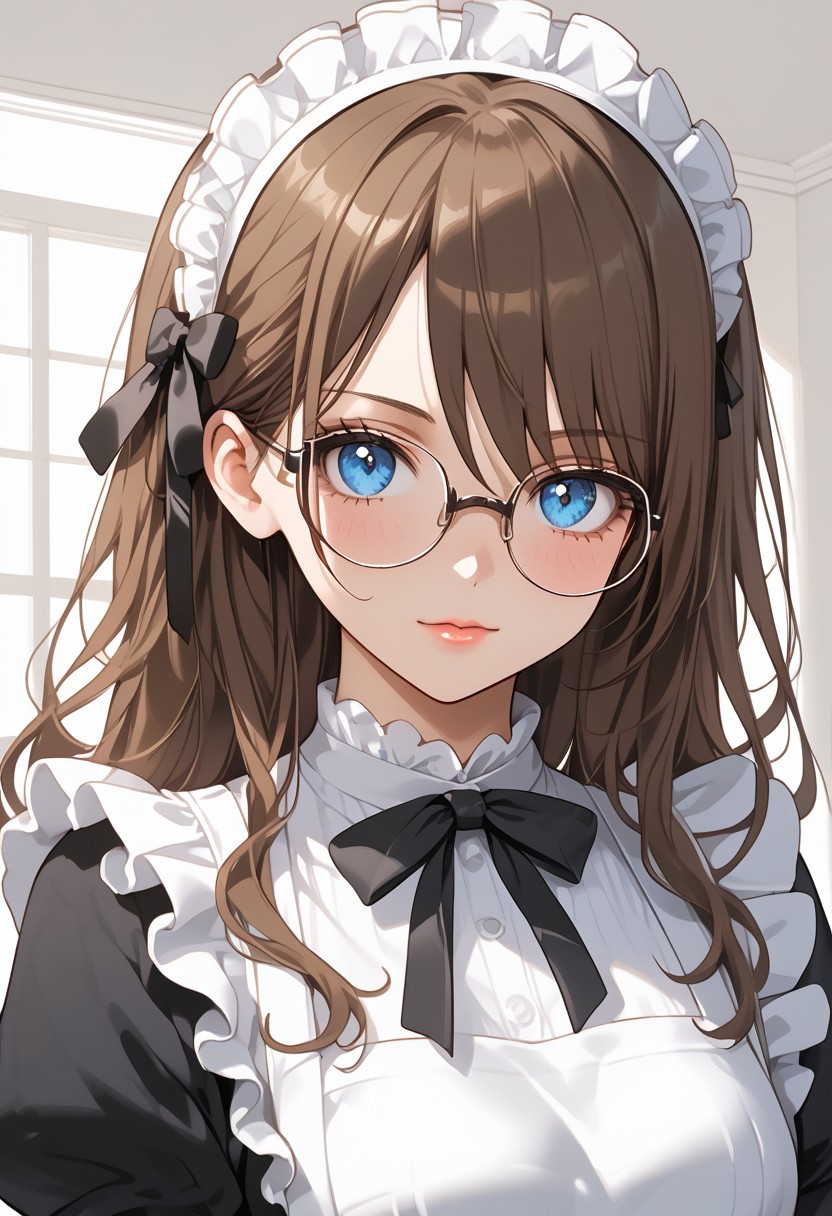 (masterpiece), best quality, expressive eyes, perfect face, soyo_n, long hair, blue eyes, brown hair, looking at viewer,maid, glasses