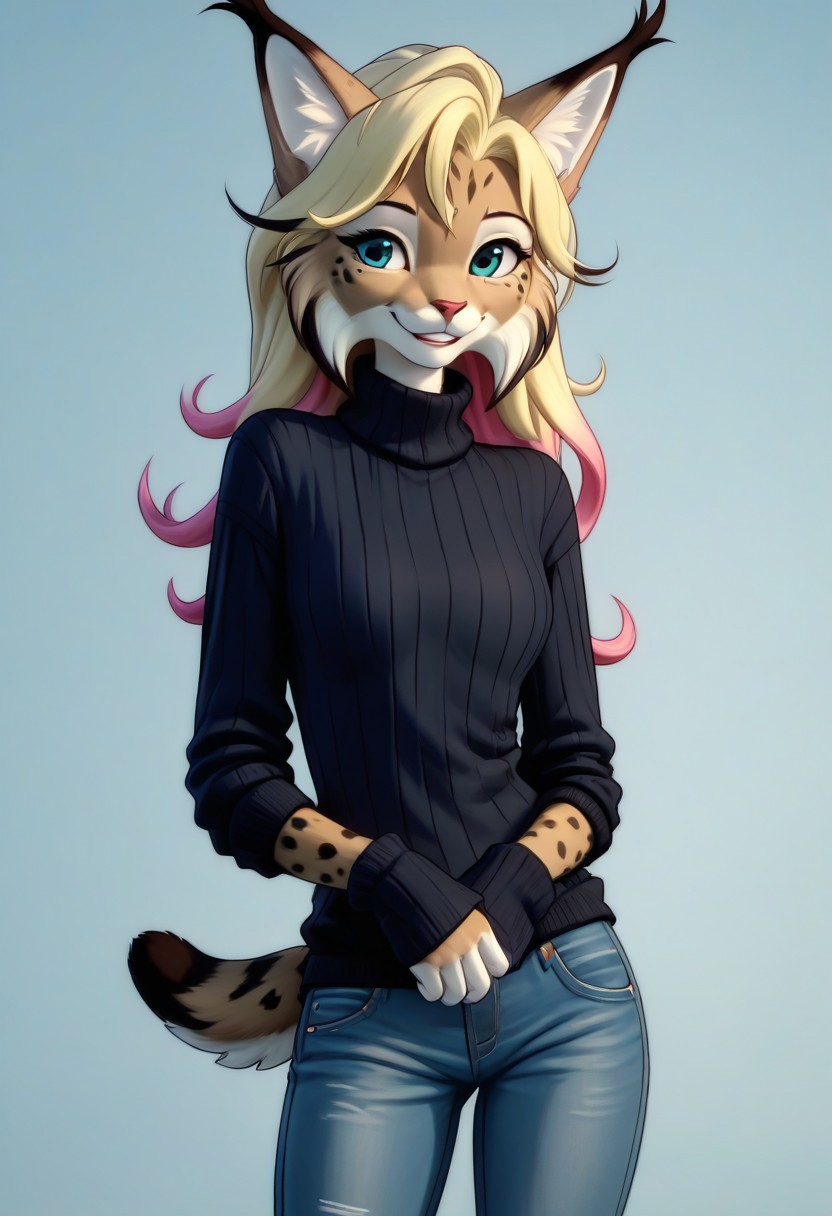 digital_media_(artwork) hi_res, score_9, score_8_up, score_7_up, score_6_up, score_5_up, score_4_up, rating_safe, beautiful, anthro, furry, female, detailed textured fur, fur tufts, fluffy, slim, slender, cute, sweater, baggy denim jeans, beautiful blue eyes, detailed eyes, smile, solo, SFW, lynx, long blonde hair, multicolored hair, streaked hair, absurdres, highres, ZZZ_Style,