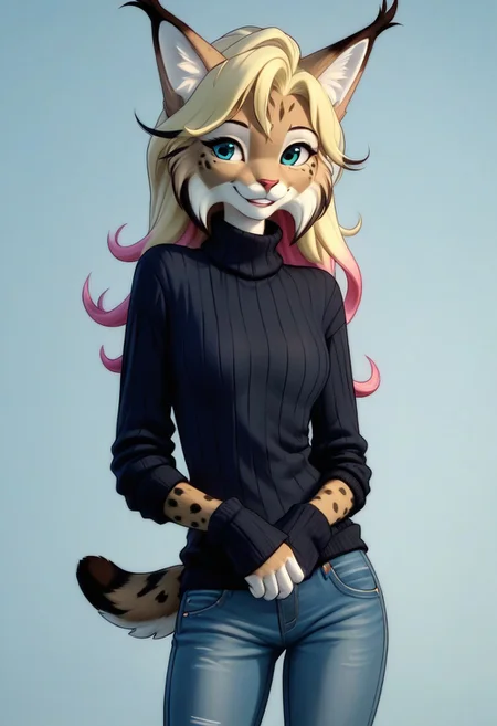 digital_media_(artwork) hi_res, score_9, score_8_up, score_7_up, score_6_up, score_5_up, score_4_up, rating_safe, beautiful, anthro, furry, female, detailed textured fur, fur tufts, fluffy, slim, slender, cute, sweater, baggy denim jeans, beautiful blue eyes, detailed eyes, smile, solo, SFW, lynx, long blonde hair, multicolored hair, streaked hair, absurdres, highres, ZZZ_Style,
