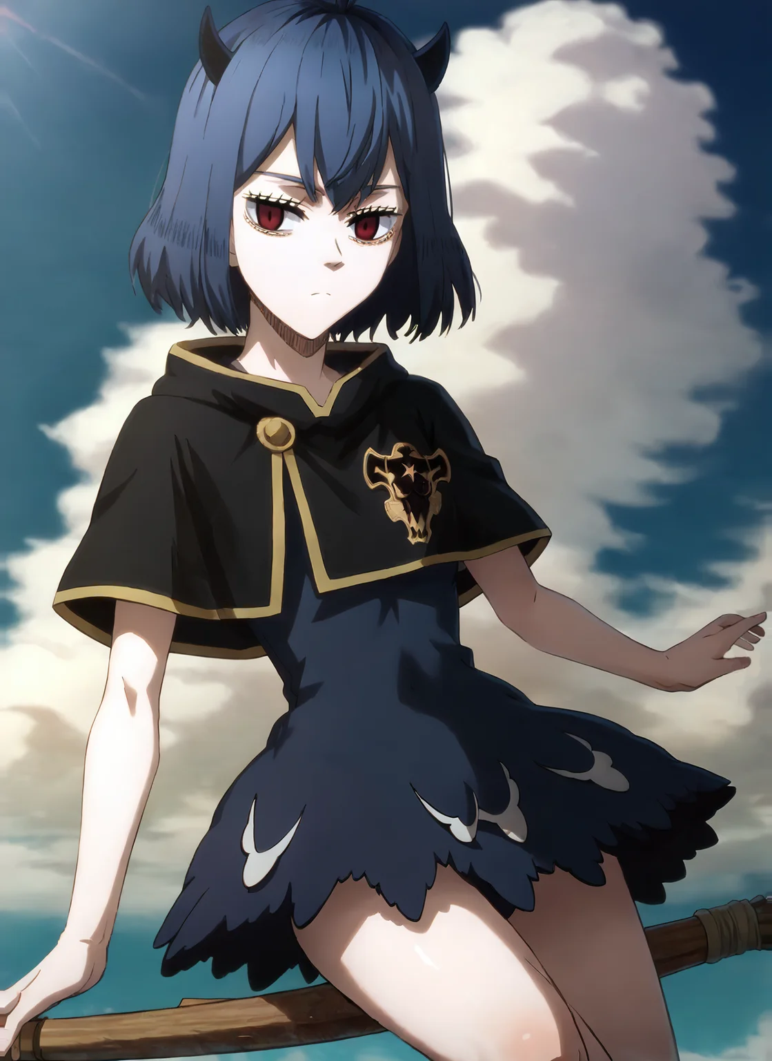 highres, sharp focus, pixiv masterpiece, highly detailed, 1girl, small_breasts,  nero-dress, Secre_Swallowtail_XL, source_anime, score_8_up, score_7_up, score_9,   <lora:Secre_Swallowtail_PonyXL_v19-000001:1> , eyelashes,  looking at viewer, clouds, in air, expressionless, from side, cowboy shot, (blackbull-cape:1.1), sitting on broom
