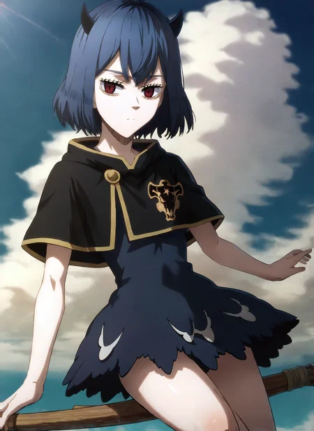 highres, sharp focus, pixiv masterpiece, highly detailed, 1girl, small_breasts, nero-dress, Secre_Swallowtail_XL, source_anime, score_8_up, score_7_up, score_9, <lora:Secre_Swallowtail_PonyXL_v19-000001:1> , eyelashes, looking at viewer, clouds, in air, expressionless, from side, cowboy shot, (blackbull-cape:1.1), sitting on broom