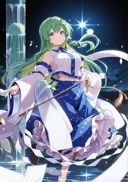 absurdres, highres, masterpiece, best quality, amazing quality, official anime artwork, screencap, anime screencap, outdoors, looking at viewer, dynamic pose,
<lora:Sanae-Kochiya_IllustriousV2:1> kochiya sanae, 1girl, solo, green eyes, green hair, long hair,, frog hair ornament, hair tubes, snake hair ornament, collared shirt, white shirt, detached sleeves, wide sleeves, blue skirt, frilled skirt, gohei,
light particles, floating hair, sparkle, waterfall, reflection, serious, night,