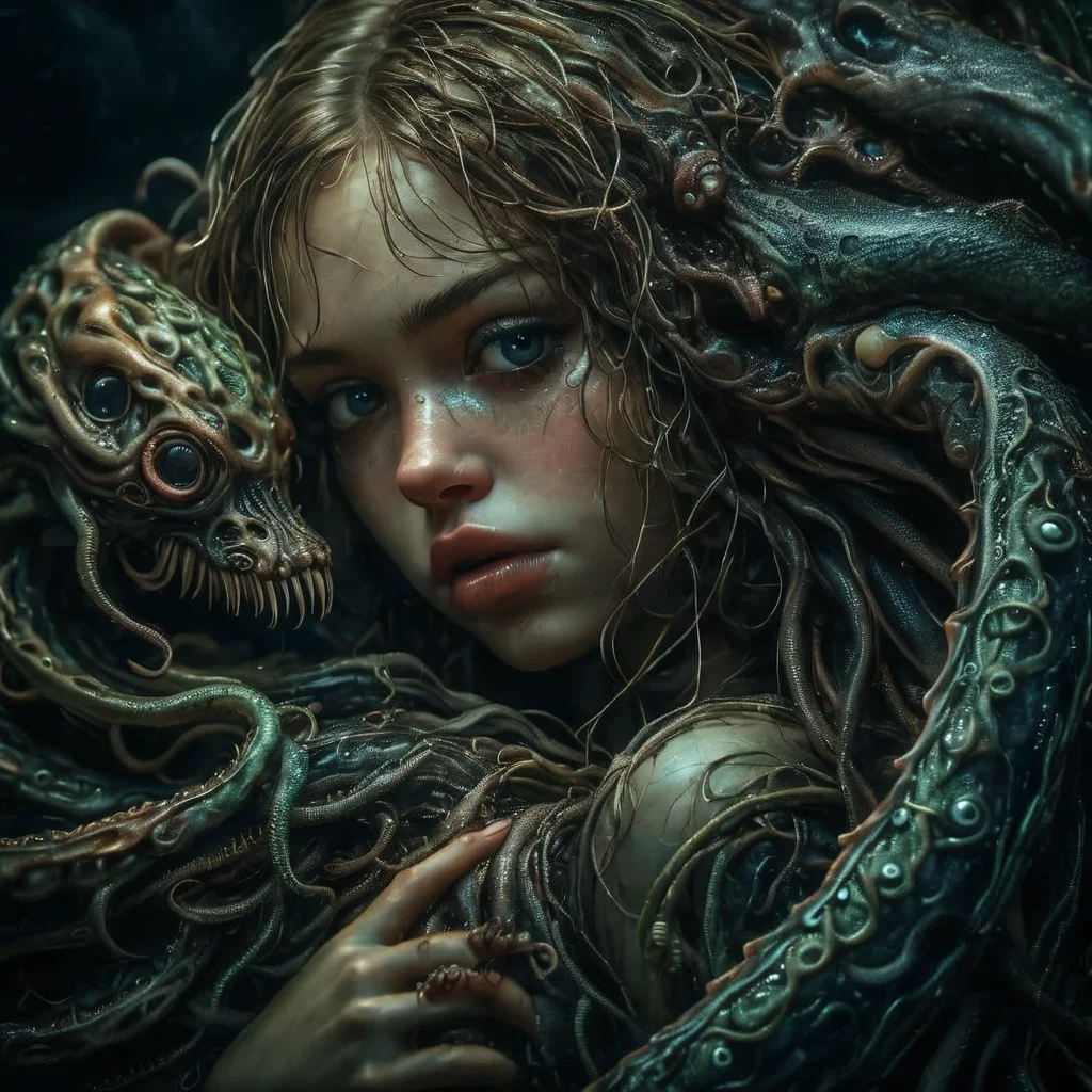 visiosomni professional studio portrait, close-up of girl in the arms of a creature with tentacles
, dark background, high details<lora:visiosomni:1>
