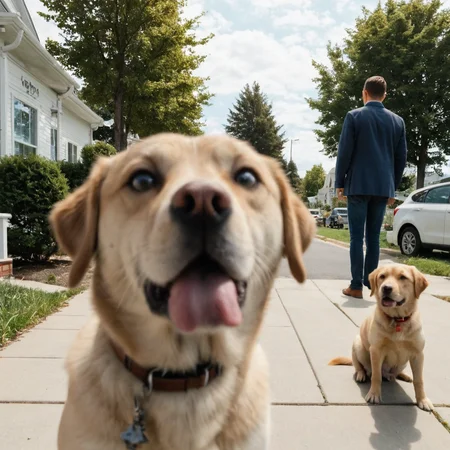 cinematic photo photorealistic dog foreground blurry, mail man standing facing camera, <lora:PhotoBomb-8:0.8> . highly detailed, lifelike, precise, accurate . 35mm photograph, film, bokeh, professional, 4k, highly detailed