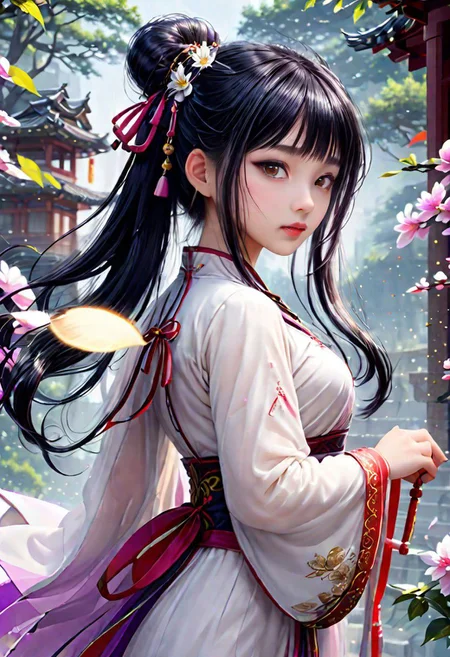 (masterpiece, best quality, ultra-detailed, best shadow), (detailed background,dark fantasy), (beautiful detailed face), high contrast, (best illumination, an extremely delicate and beautiful), ((cinematic light)), colorful, hyper detail, dramatic light, intricate details,fantasy, (1little cute girl, black ponytail hair,big orange eyes, big breasts, (translucent white hanfu:1.3), bareshoulders,navel,dynamic angle), depth of field,golden light particles,(broken purple glass),magic circle,multi-color eyes, hyper detailed, highly detailed, beautiful, small details, ultra detailed, best quality, 4k, (good anatomy)