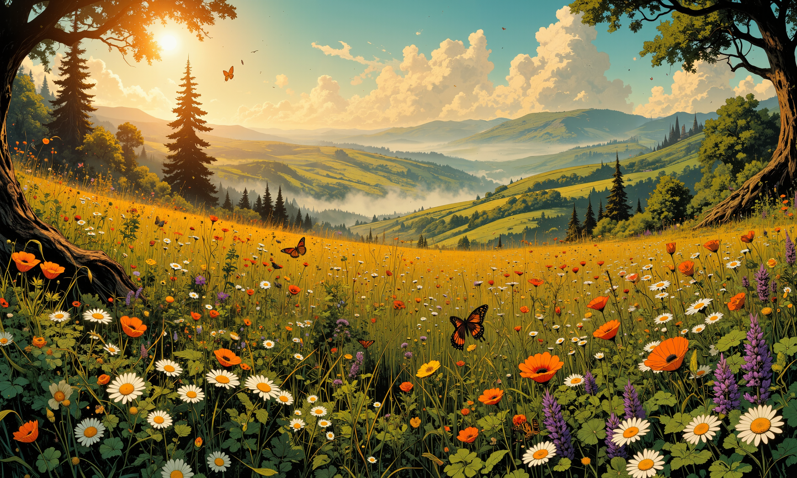 A breathtaking panoramic view of a lush, expansive meadow teeming with vibrant wildflowers in full bloom, including daisies, poppies, and lavender. Sunlight gently filters through soft, fluffy clouds, casting a warm golden hour glow across the landscape. Delicate morning mist lingers near patches of tall grasses, enhancing the serene atmosphere. Small wildlife such as butterflies and grasshoppers flit amongst the flowers, contributing to the lively ecosystem. The foreground features a textured mix of leafy herbs and clovers, while the background showcases rolling hills fading into the horizon. The entire scene is captured in vivid detail and high resolution, embodying a sense of peaceful wonder and natural artistry. 8k, masterpiece, intricate details, luminous ambiance, tranquil. <lora:DND_GRAINYBOYZ_FG_FLUX_V2_ROMULUS_Lora:0.4> <lora:dreadmirth-art-style:0.9> <lora:Comic book V2:0.9> <lora:Let_It_Blaze_in_Crimson_anime_v1.0:0.2> <lora:Blue_Future:0.2> <lora:flux_dev:1>