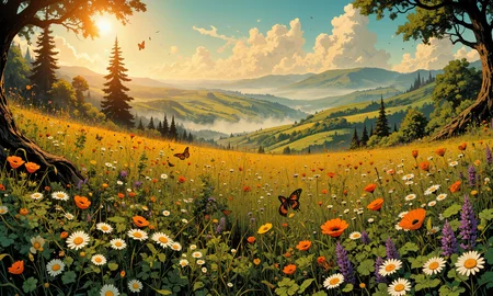A breathtaking panoramic view of a lush, expansive meadow teeming with vibrant wildflowers in full bloom, including daisies, poppies, and lavender. Sunlight gently filters through soft, fluffy clouds, casting a warm golden hour glow across the landscape. Delicate morning mist lingers near patches of tall grasses, enhancing the serene atmosphere. Small wildlife such as butterflies and grasshoppers flit amongst the flowers, contributing to the lively ecosystem. The foreground features a textured mix of leafy herbs and clovers, while the background showcases rolling hills fading into the horizon. The entire scene is captured in vivid detail and high resolution, embodying a sense of peaceful wonder and natural artistry. 8k, masterpiece, intricate details, luminous ambiance, tranquil. <lora:DND_GRAINYBOYZ_FG_FLUX_V2_ROMULUS_Lora:0.4> <lora:dreadmirth-art-style:0.9> <lora:Comic book V2:0.9> <lora:Let_It_Blaze_in_Crimson_anime_v1.0:0.2> <lora:Blue_Future:0.2> <lora:flux_dev:1>