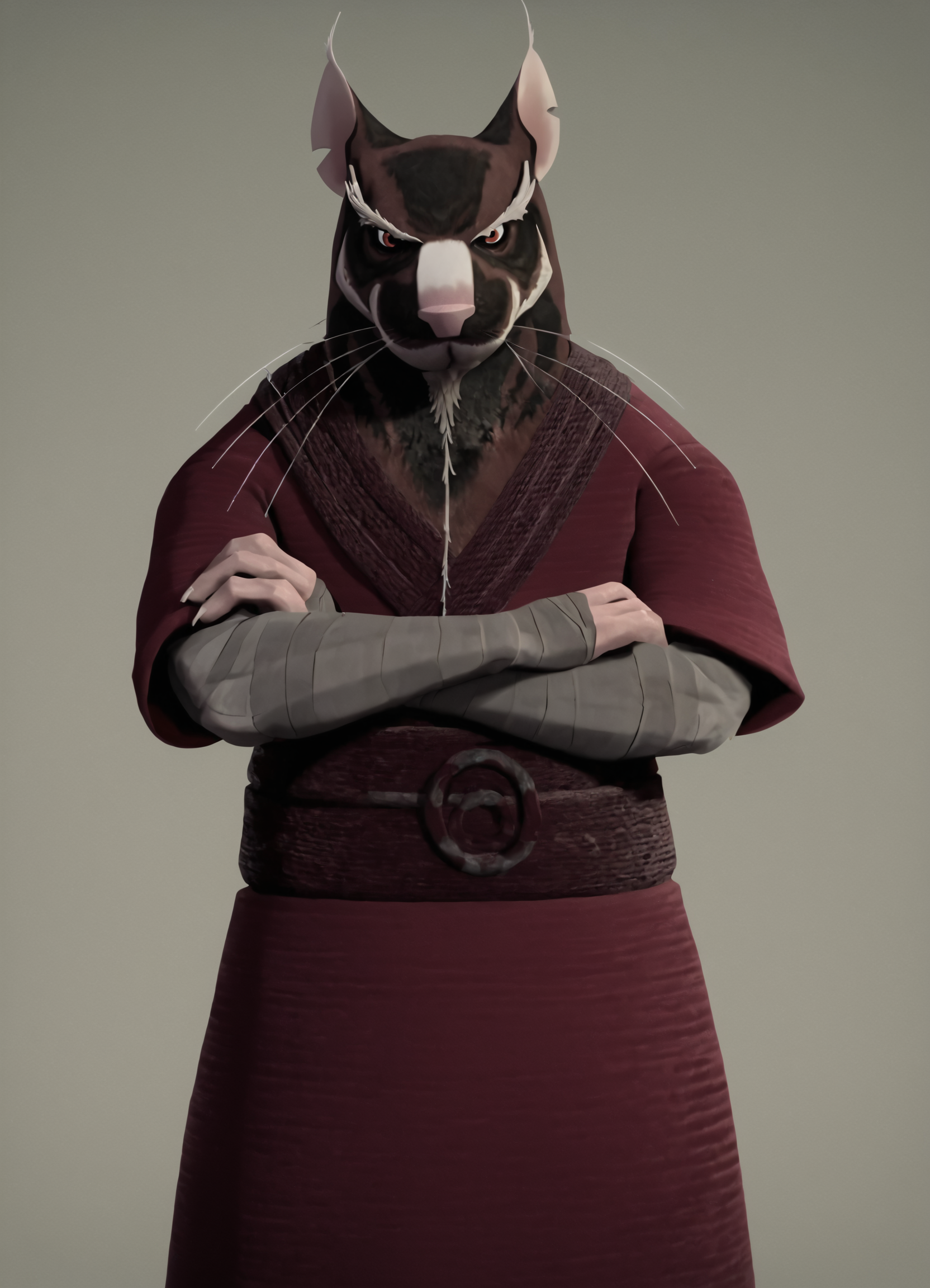 <lora:Splinter2.0:1> splinter, brown fur, whiskers, rat, animal, 1boy, looking at viewer, male focus, robe, furry male, red eyes, bandages, sash,, looking at viewer, cowboy shot, score_9, score_8_up, score_7_up, score_6_up, score_5_up, score_4_up,simple background,crossed arms,