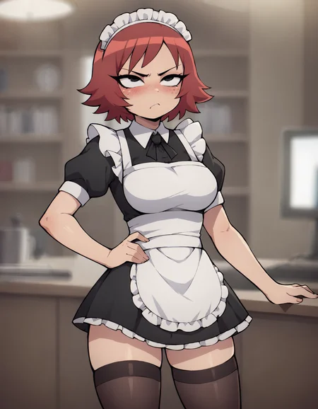 score_9, score_8_up, (dof, blurred background:1.4), kim pine, indoors, 1girl, solo, angry, blushing, wide hips, narrow waist, freckles, red hair, black eyes, rolling eyes, short hair, curvy:1.4, hip to side, hand on own hip, maid dress, apron, thighhighs, thigh squish <lora:KimSDXL:0.75>
