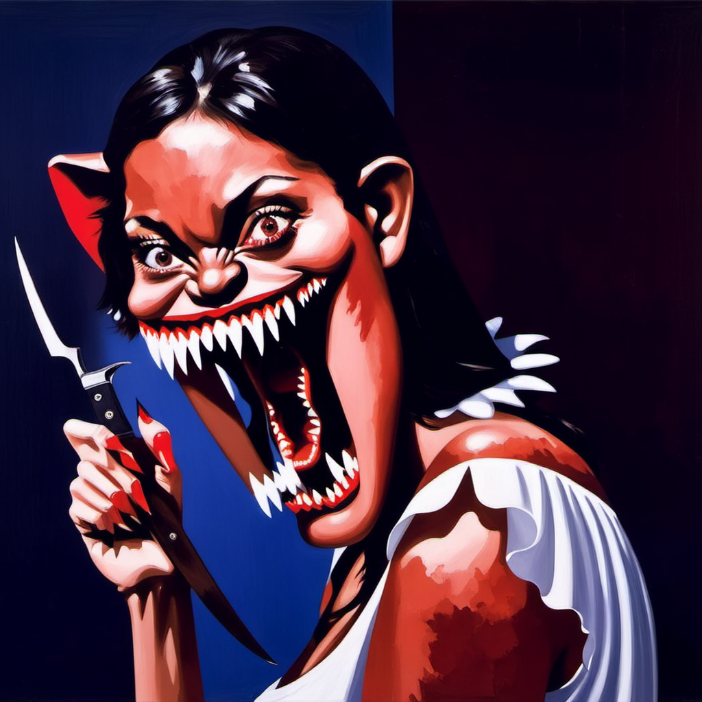 painting of a woman with sharp teeth, George Condo Style, horror(theme),  <lora:MBTDF xl-000004:0.9>