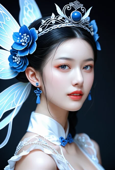 score_9, score_8_up, score_7_up, fairy koudiana tiara, tiangnan dragon headdress, chinese traditional hairstyle, in the style of anime aesthetic, bo chen, edmund leighton, exaggerated facial features, fairycore, dark azure and white, 32k uhd