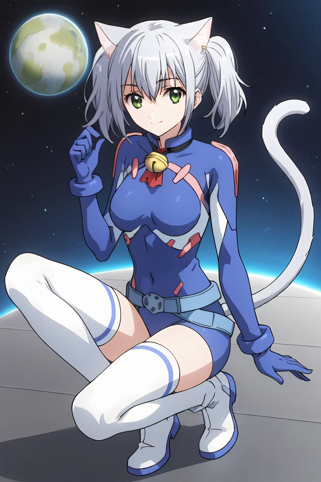 (blue bodysuit belt gloves white thighhighs boots:1.50), cpc-chaika, short hair, short twintails, bangs, sidelocks, grey hair, hair between eyes, green eyes, cat ears, cat tail, neck bell,
1girl, solo, skinny, (source_anime, score_9, score_8_up, score_8, score_7_up), score_7, score_6_up, score_6, score_5_up, score_5,
(light smile:1.40),
(space:1.10),
(full body:1.40), (:1.20),
medium breasts
<lora:cpc-chaika-V01-000004:0.80>