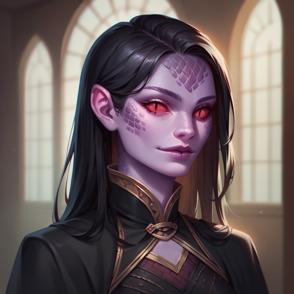 (((detailed, beautiful, high quality))), score_9, score_8_up, score_7_up, solo, upper body,
yuanti, slit pupils, pointed ears,
1girl, female focus, red eyes, purple skin, scales, long black hair, black dress, 
looking at viewer, posing,
fantasy background, blurred background,