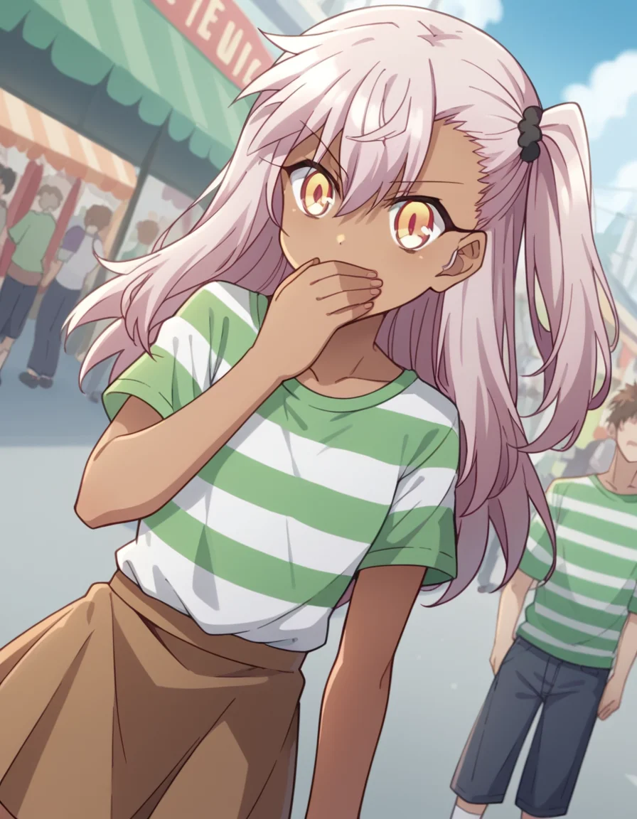score_9, score_8_up, score_7_up, source_anime, <lora:chloe-von-einzbern-prisma-s2s3-ponyxl-lora-nochekaiser:1>,, chloe von einzbern, long hair, hair between eyes, yellow eyes, pink hair, dark skin, dark-skinned female,, skirt, shirt, collarbone, white shirt, short sleeves, shorts, socks, striped, one side up, white socks, brown skirt, striped shirt, green shirt,, street market, vendor, street food, bustling crowd, local flavor, vibrant, , , hand covering mouth, solo,, cowboy shot, dutch angle