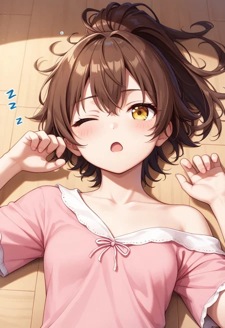 score_9, score_8_up, score_7_up, score_6_up, masterpiece, best quality,uncensored,1 girl, brown hair, high ponytail, short hair, yellow eyes, perfecteyes, medium breasts, solo, lazy face, lazy pose, pink pajama, indoors, lying on the floor, messy room, girl room, motion lines, disheveled hair, sleepy face, open mouth, rubbing eyes, upper body, one eye closed, zzz text