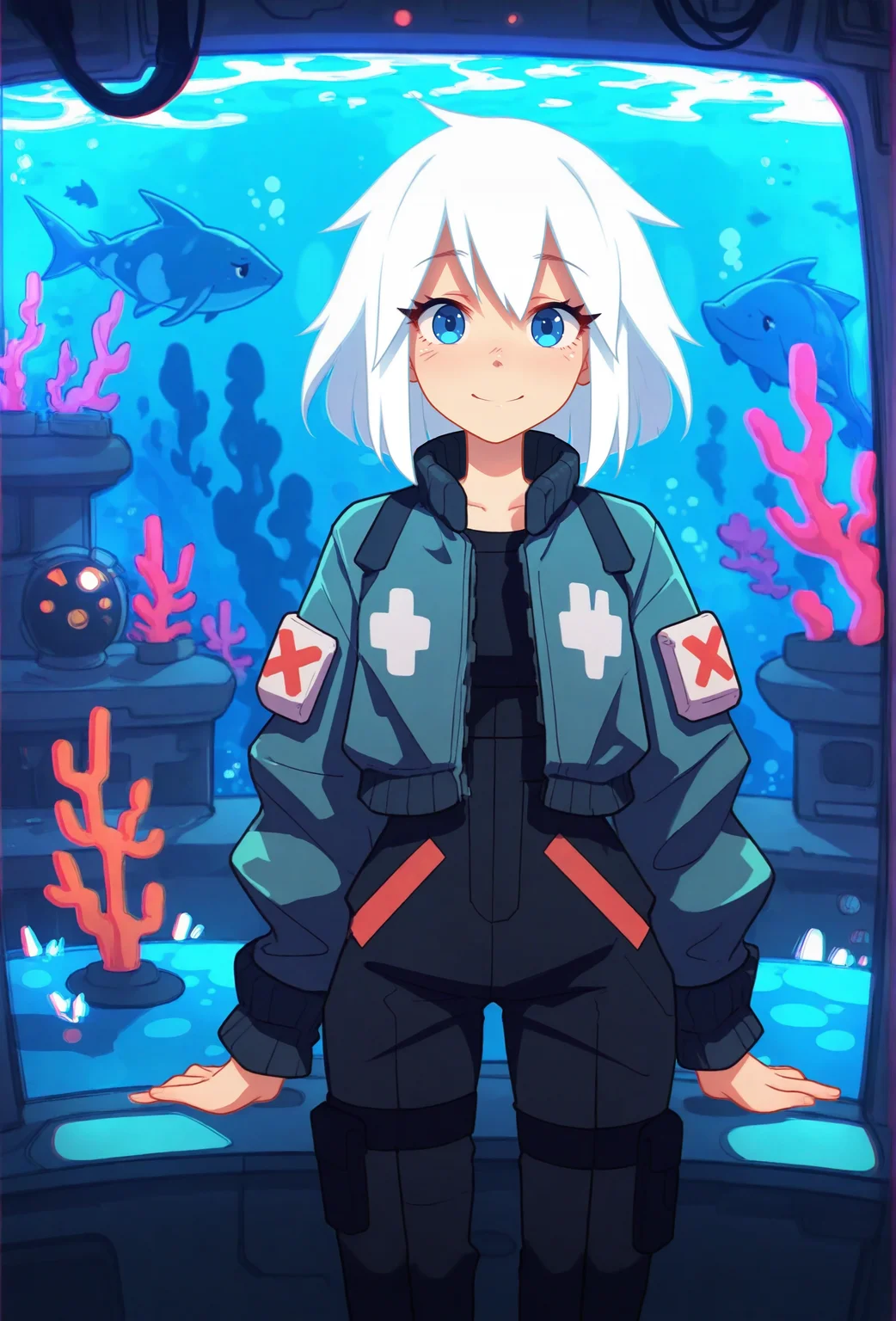 masterpiece,best quality,amazing quality, <lora:groovy_smooth_style_illustrious_v1f:1> groovysmoothstyle, 1girl, science fiction, aquarium, (pale skin:0.5), white hair, straight-on, jacket, looking at viewer, smile, blue eyes, (chromatic aberration:1.2),