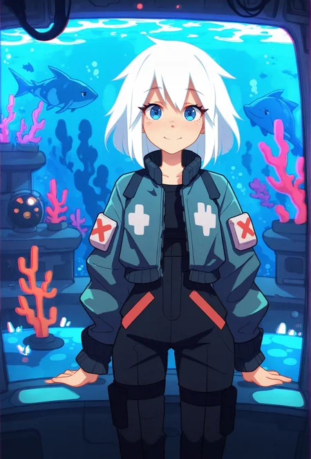 masterpiece,best quality,amazing quality, <lora:groovy_smooth_style_illustrious_v1f:1> groovysmoothstyle, 1girl, science fiction, aquarium, (pale skin:0.5), white hair, straight-on, jacket, looking at viewer, smile, blue eyes, (chromatic aberration:1.2),