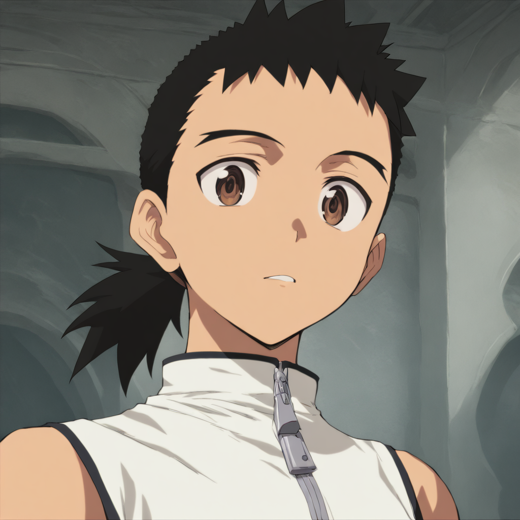 solo,looking at viewer,upper_body,portrait,masterpiece,high score,great score,absurdres,<lora:Kenshi_Masaki ag4o v1:1> 1boy, kenshi_masaki, black hair, ponytail, brown eyes,sleeveless,white shirt,