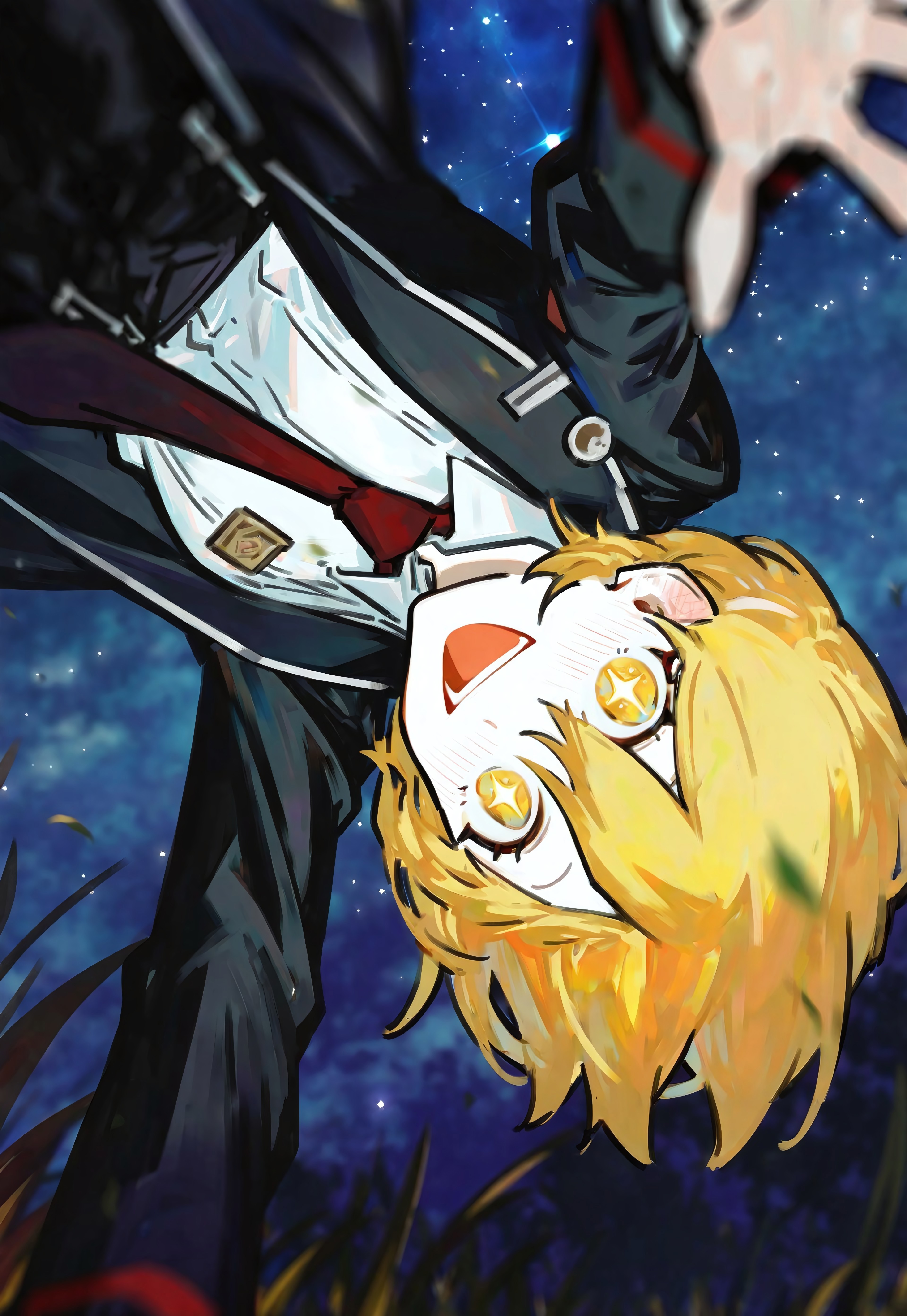 safe_pos, 1girl,
don quixote \(project moon\), project moon,
(nishikujic),
outdoors, starry sky, night, moonlight, upside down, from below, grass, looking at viewer, cowboy shot, close-up, + +, sparkling eyes, solo, \o/, arms up, open hands, :d, open mouth, smile, excited, colorful, loose hair strand, leaning forward, head tilt, yellow eyes, hair between eyes, blonde hair, short hair, collared shirt, white shirt, long sleeves, black coat, black pants, button badges, red necktie, ear blush, small breasts, 
(((masterpiece, highres, absurdres, perspective, high definition, amazing quality, very aesthetic, best quality, masterpiece, best quality, very aesthetic, highres, absurdres, detailed, high res)))
