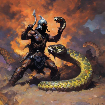 <lora:fr4z3tt4:0.66>fr4z3tt4 warrior in a helmet with glowing eyes and a dark face fighting a giant snake