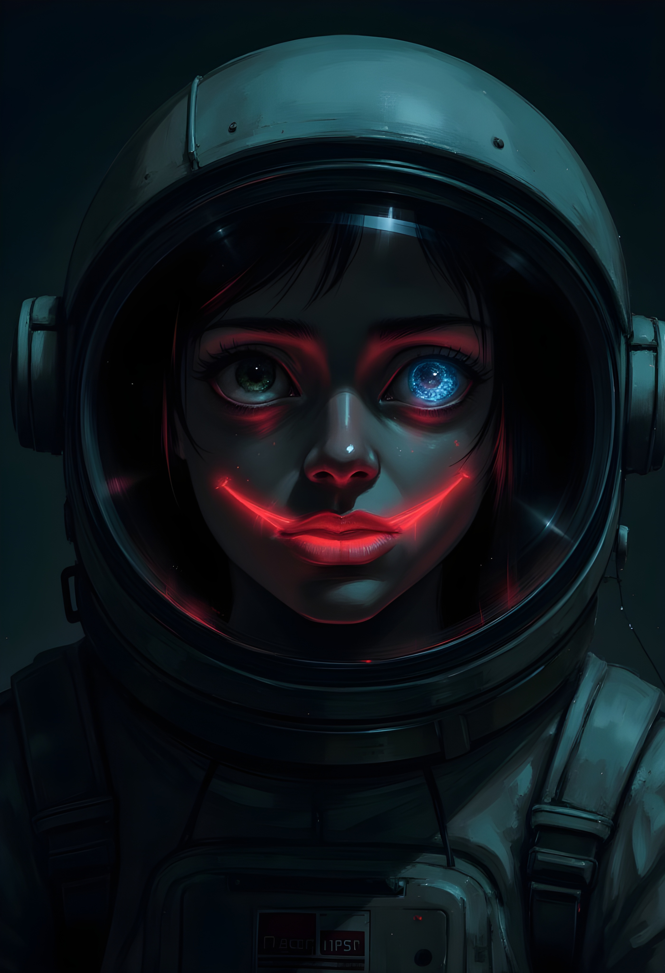 cinna flow, astronaut, broken face visor, cracked glass, intense gravity, dark figure, face illuminated, dark shadows, red smile, sad eyes, blue teardrop, intense shadowing, creepy, staring into abyss