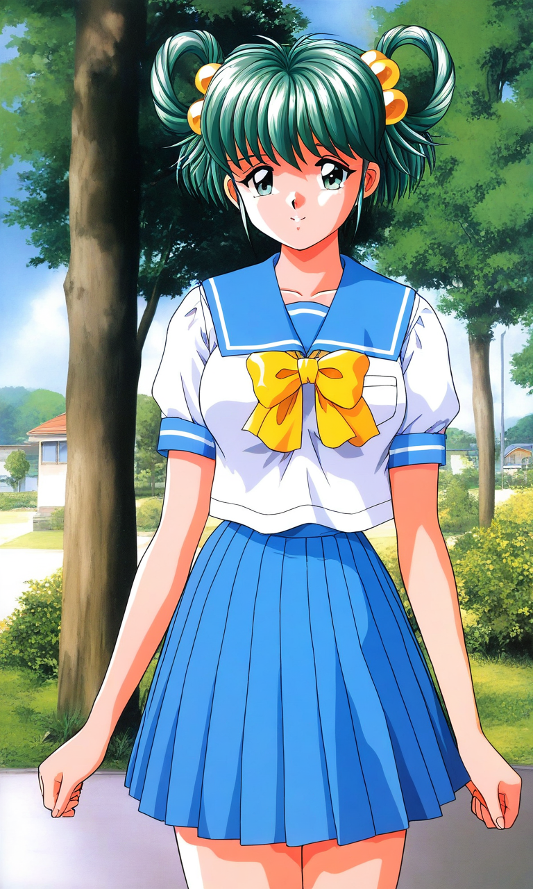 general,highres, ultra-detailed,very aesthetic,best quality ,best hands, BREAK <lora:Tatebayashi_Miharu_Tokimeki_Memorial_IS:1>
Tatebayashi_Miharu(Tokimeki_Memorial), 1girl, solo, hair rings, hair ornament, Yellow bobbles, green hair, bangs, short hair, green eyes, medium breasts, 
blue school uniform, serafuku, jewelry, yellow bow, Yellow bow, blue skirt, blue sailor collar, white shirt, pleated skirt, short sleeves, outdoor, tree, sky,