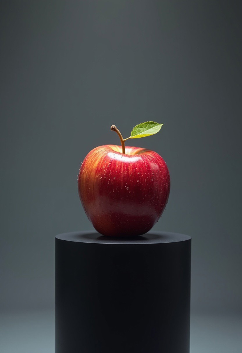 a solitary rainb0w m0rph apple, glistens colourfully on a matt black pedestal, against a grey gradient background