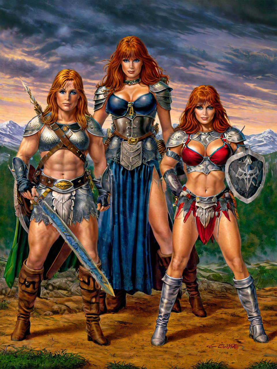 (((nude fantasy illustrations of by Elmore_Style_LX))) , standing pose, Witches and warriors, sexy, skimpy, slutty, red head  supermodel witch, adventure, cinematic, epic outdoor location, fantasy illustration, cinematic scene by forgotten realms, 1woman barbarian, skimpy armor, Huge breasts, bikini armor, sexy barbarian nude , with sword with a magic items, in the background epic winter sunset Fantasy masterpiece by Larry Elmore , <lora:Elmore_Style_LX-000010:0.8>